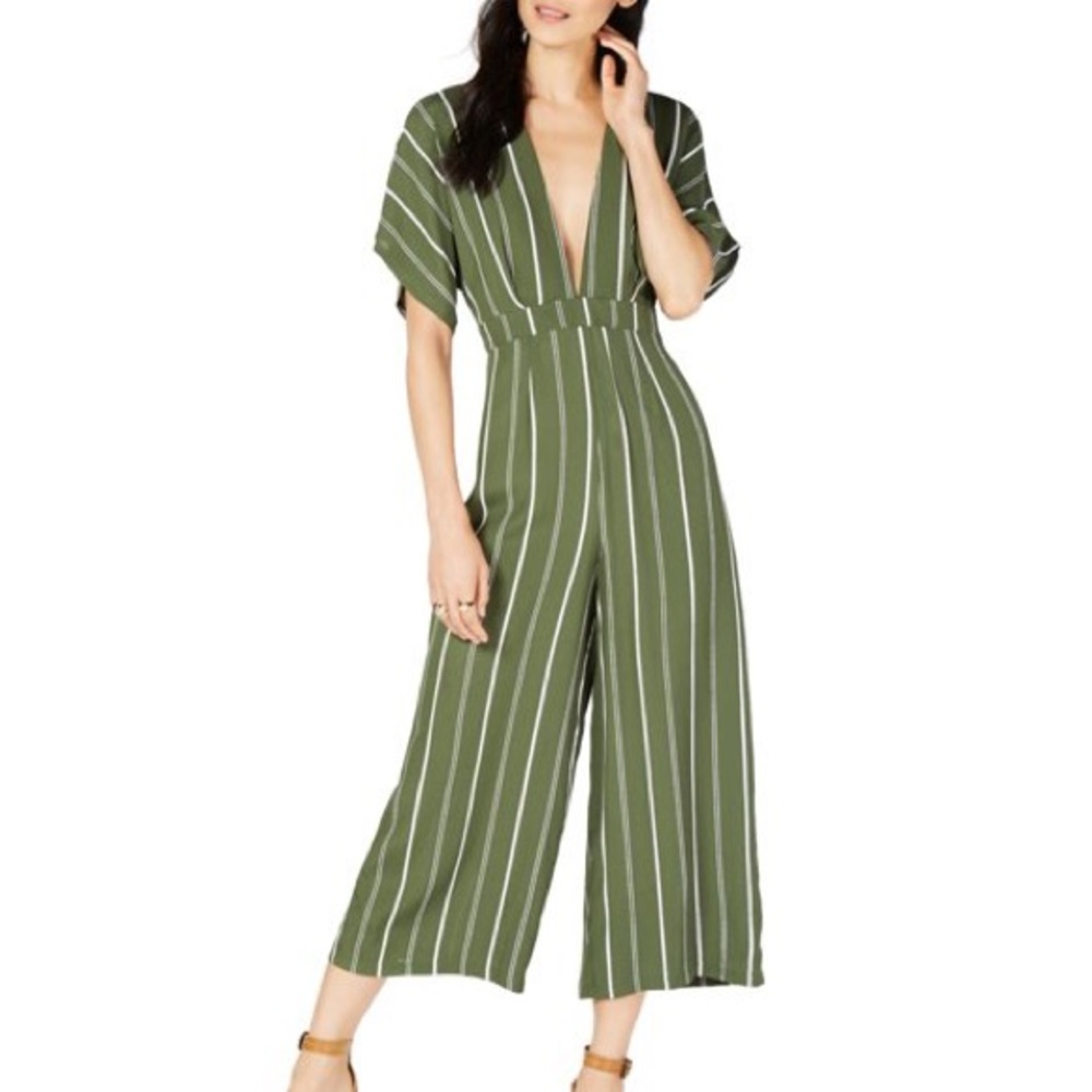 Sage The Label Striped Cropped Jumpsuit — Olive Green — White Stripe — XSmall